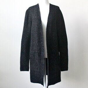 Time and Tru Black Speckled Midi Open Cardigan Sweater Pockets Medium